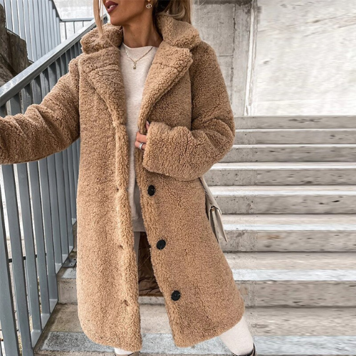Women's Long Coat - Faux Fur Fleece - Oversized Fit - Notched Lapel - Button Closure