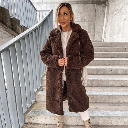 Women's Long Coat - Faux Fur Fleece - Oversized Fit - Notched Lapel - Button Closure