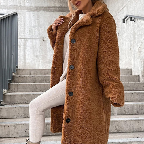 Women's Long Coat - Faux Fur Fleece - Oversized Fit - Notched Lapel - Button Closure