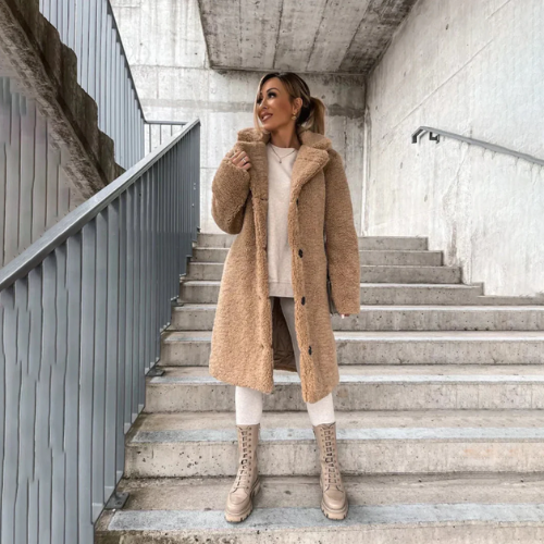 Women's Long Coat - Faux Fur Fleece - Oversized Fit - Notched Lapel - Button Closure