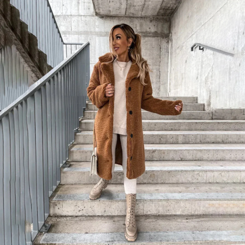 Women's Long Coat - Faux Fur Fleece - Oversized Fit - Notched Lapel - Button Closure