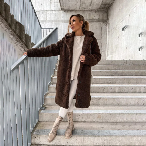 Women's Long Coat - Faux Fur Fleece - Oversized Fit - Notched Lapel - Button Closure