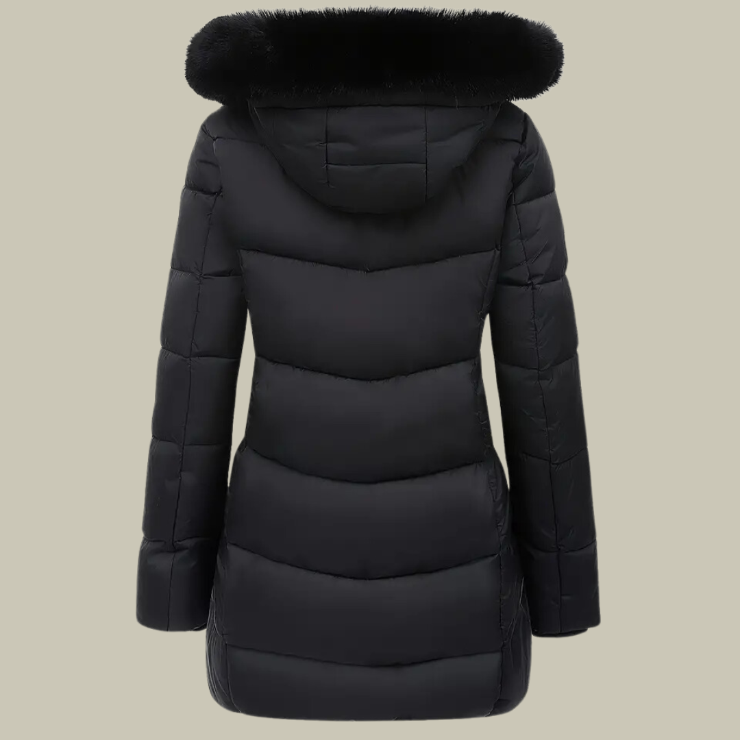 Quilted fur hoodie mid-length winter jacket for women