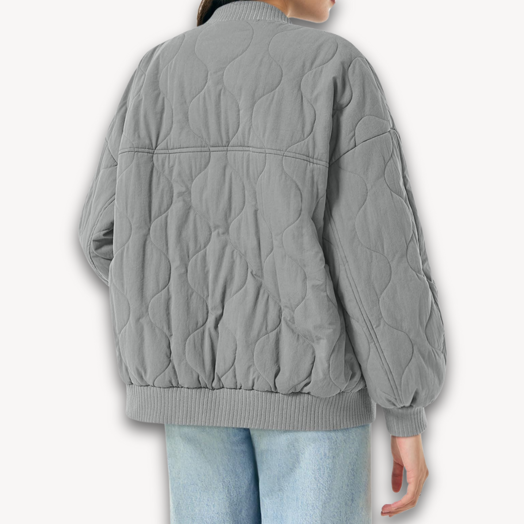 Loravelle | Women's Quilted Oversized Bomber Jacket - Lightweight Polyester Outerwear - Grey Color - Casual Streetwear Style