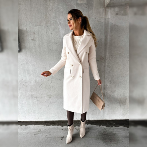 Women's Long Wool-Blend Coat - Double-Breasted - Tailored Fit - Notched Lapels