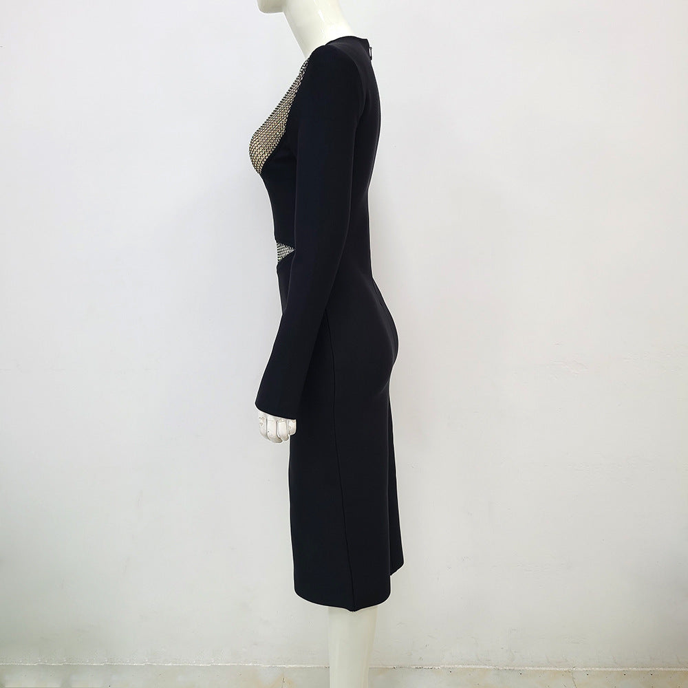 Elegant Fishnet Hollow Hot Rhinestone Bandage One Piece Dress
