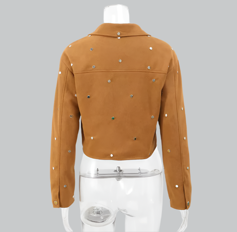 Women's Cropped Suede Jacket - Studded Design - Zip Closure - Point Collar