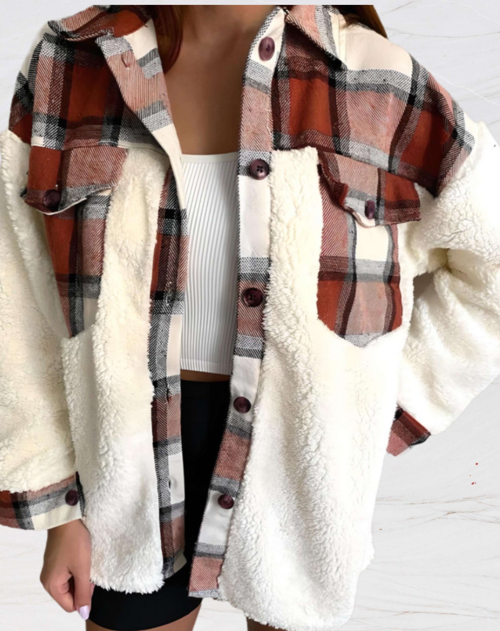 Button down sherpa plaid jacket for women