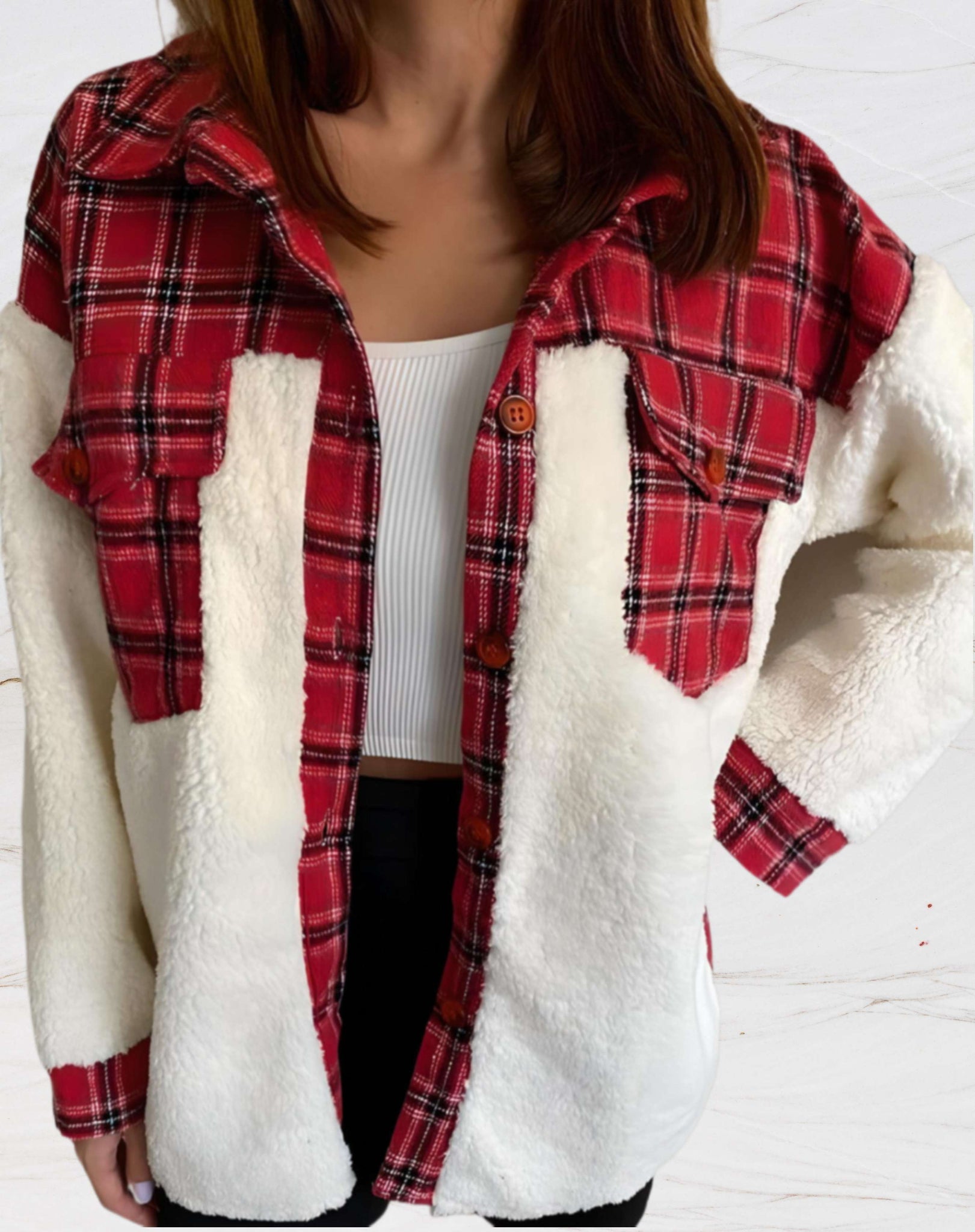 Button down sherpa plaid jacket for women