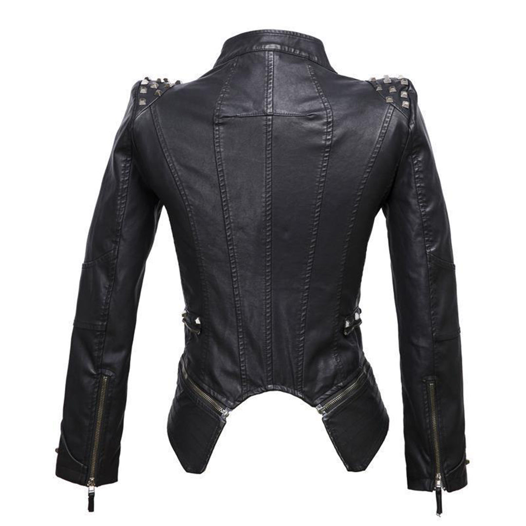 Women's Leather Jacket - Fitted Biker Style - Studded Lapel & Cuffs - Zippered Details