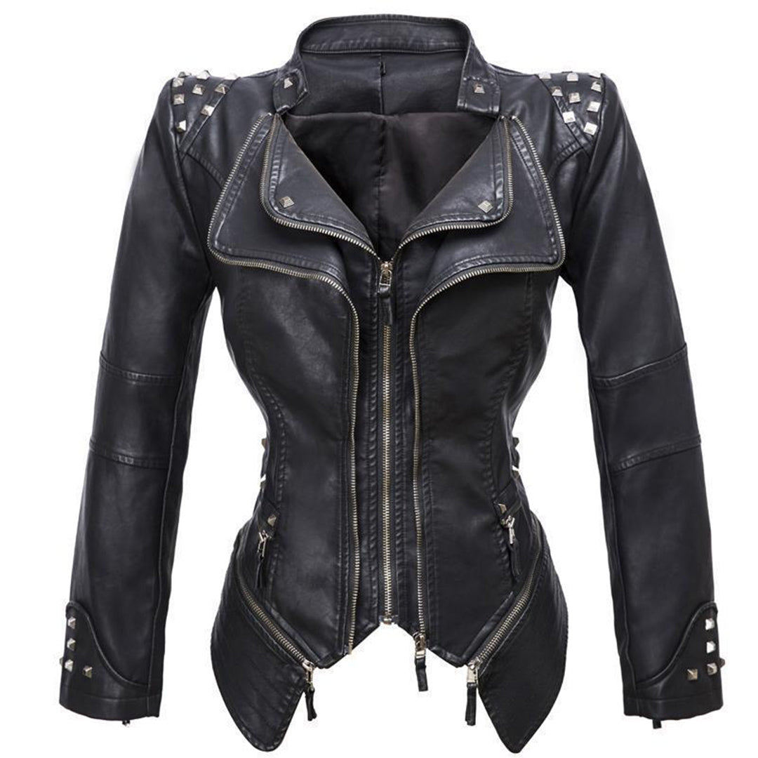 Women's Leather Jacket - Fitted Biker Style - Studded Lapel & Cuffs - Zippered Details