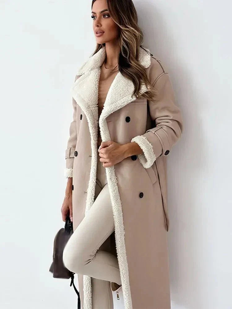 Winter faux fur long sleeve lapel collar jacket for women