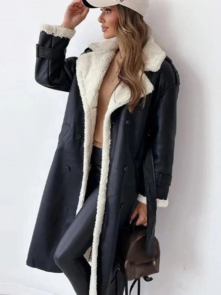 Winter faux fur long sleeve lapel collar jacket for women