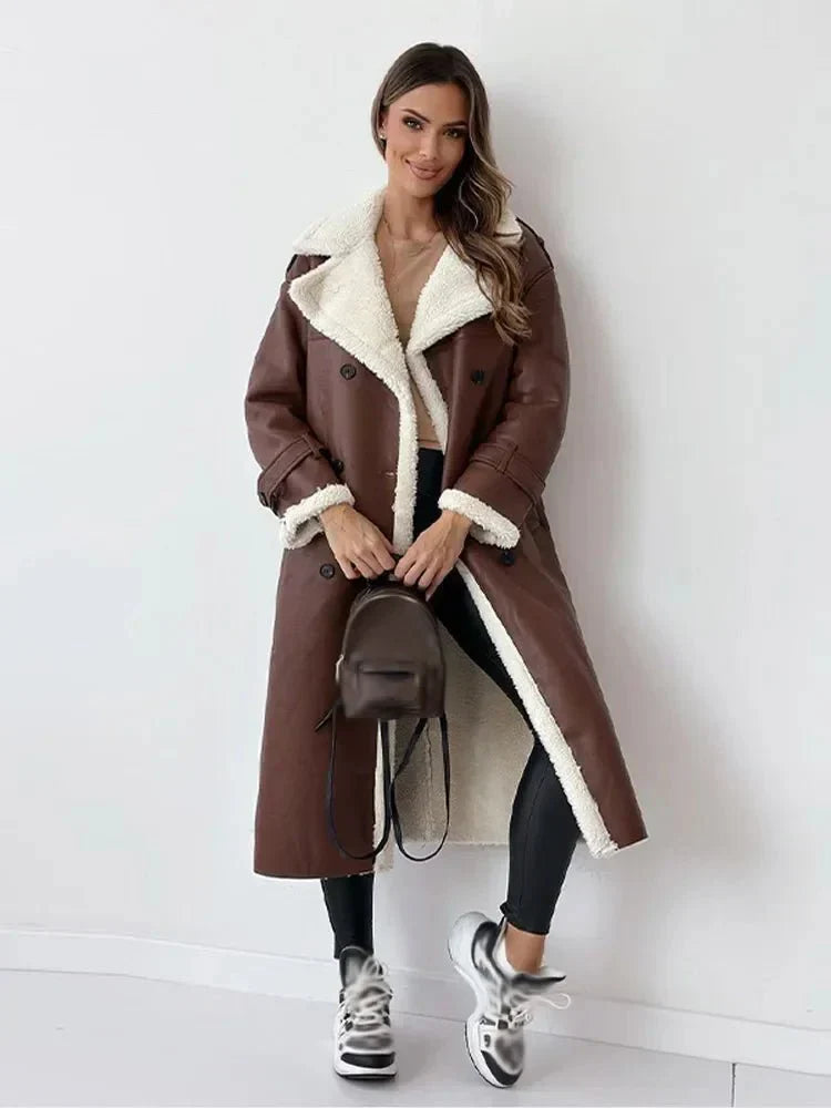 Winter faux fur long sleeve lapel collar jacket for women