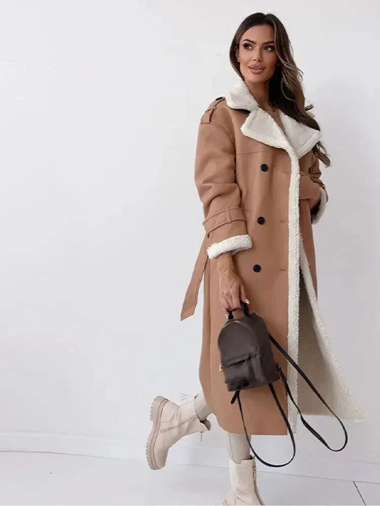 Winter faux fur long sleeve lapel collar jacket for women