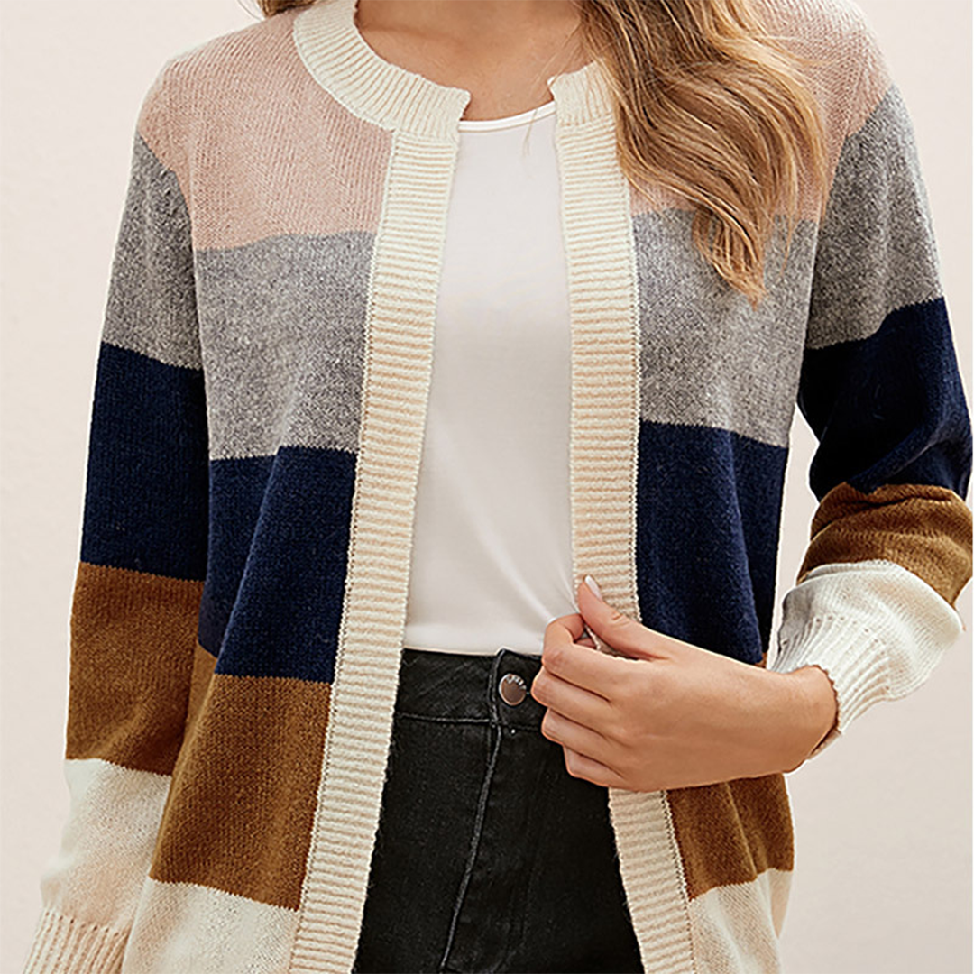 Women's Cardigan - Block Pattern - Ribbed Trim - Long Sleeve - Soft Knit Casual Layering