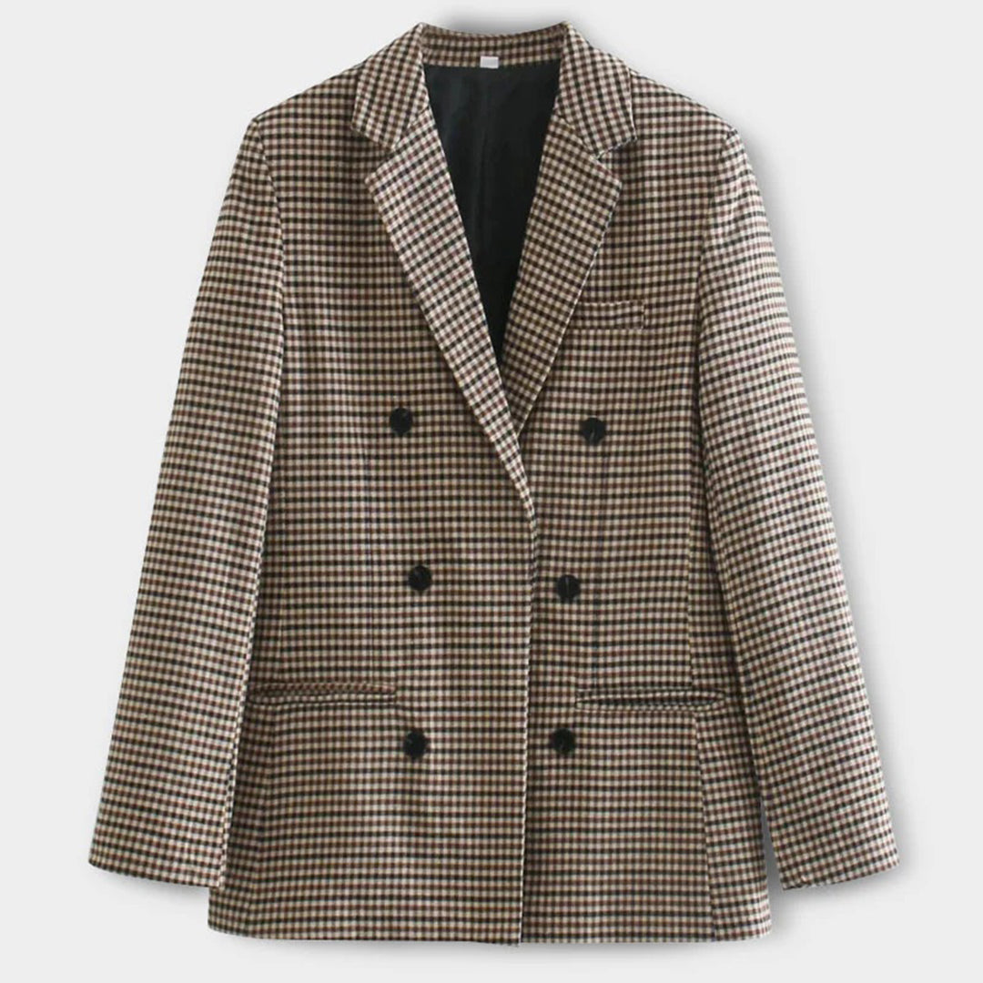 Women's Double-Breasted Blazer - Gingham Pattern - Tailored Fit - Wide Lapels - Elegant Formal Wear