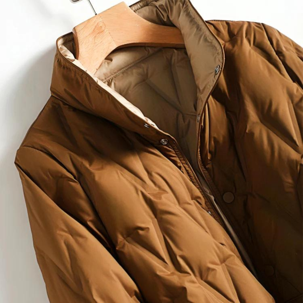 Women's Quilted Jacket - Mid-Length - High Collar - Button Closure - Tailored Fit