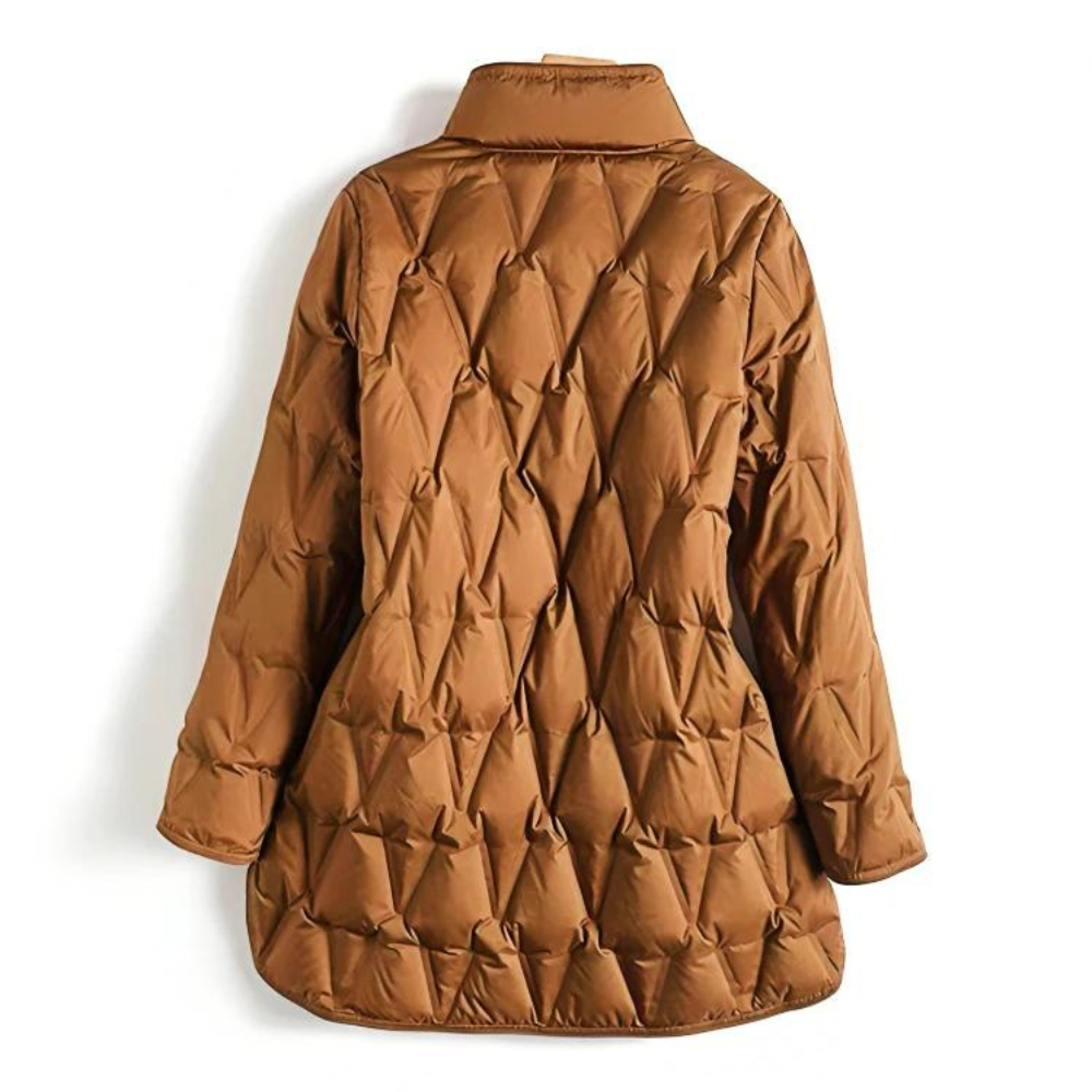 Women's Quilted Jacket - Mid-Length - High Collar - Button Closure - Tailored Fit