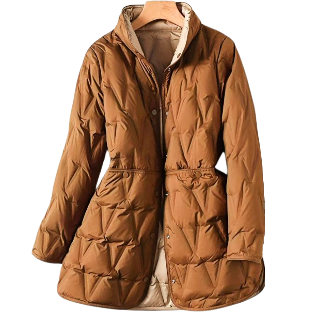 Women's Quilted Jacket - Mid-Length - High Collar - Button Closure - Tailored Fit