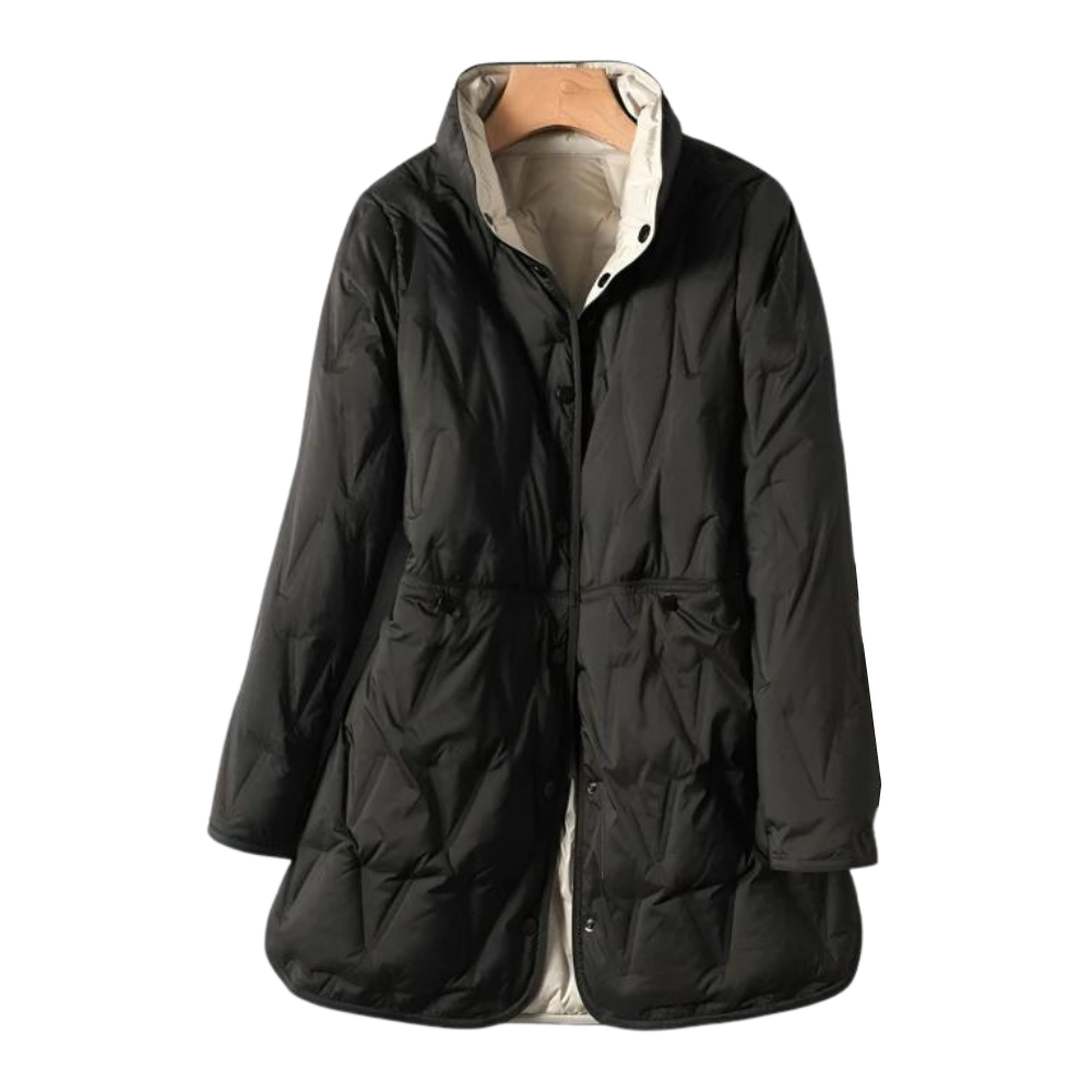Women's Quilted Jacket - Mid-Length - High Collar - Button Closure - Tailored Fit