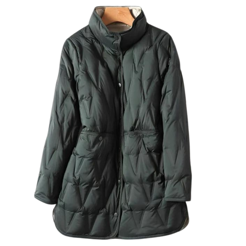 Women's Quilted Jacket - Mid-Length - High Collar - Button Closure - Tailored Fit