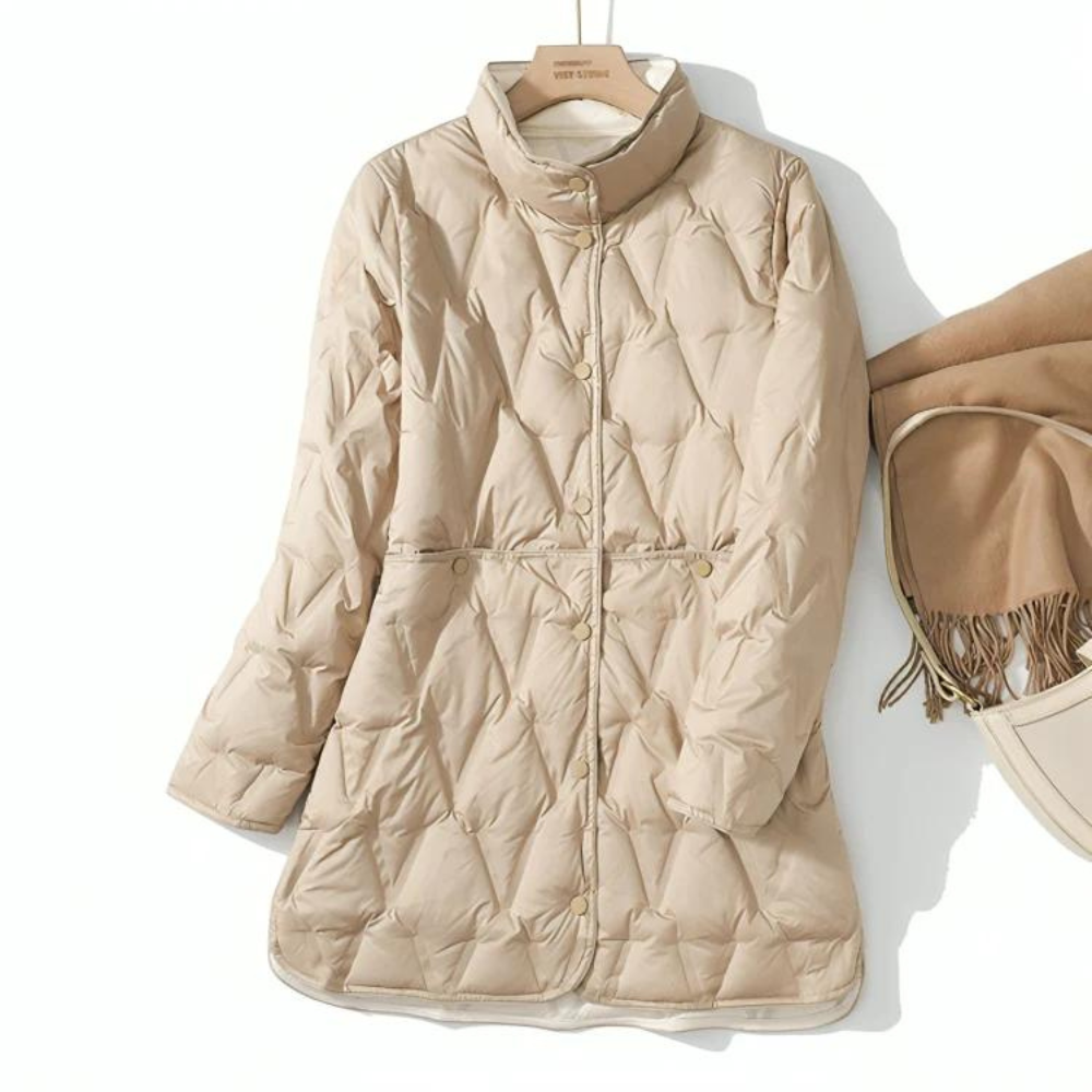 Women's Quilted Jacket - Mid-Length - High Collar - Button Closure - Tailored Fit