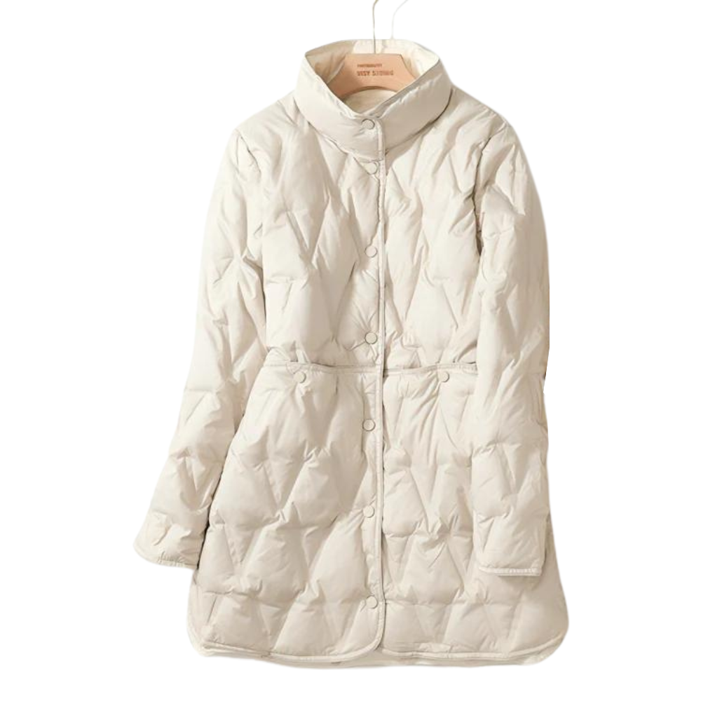 Women's Quilted Jacket - Mid-Length - High Collar - Button Closure - Tailored Fit