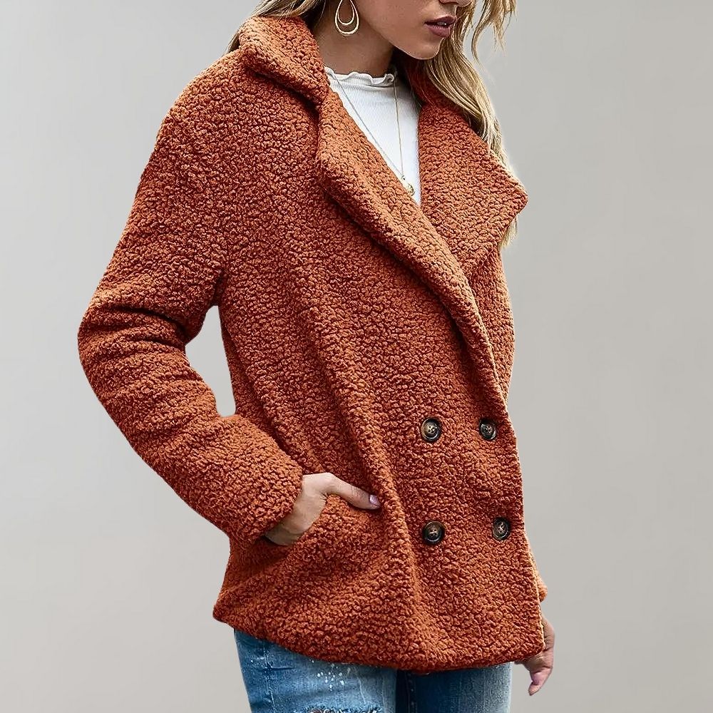Women's Sherpa Jacket - Soft Fluffy Texture - Oversized Fit - Double-Breasted Lapel Coat