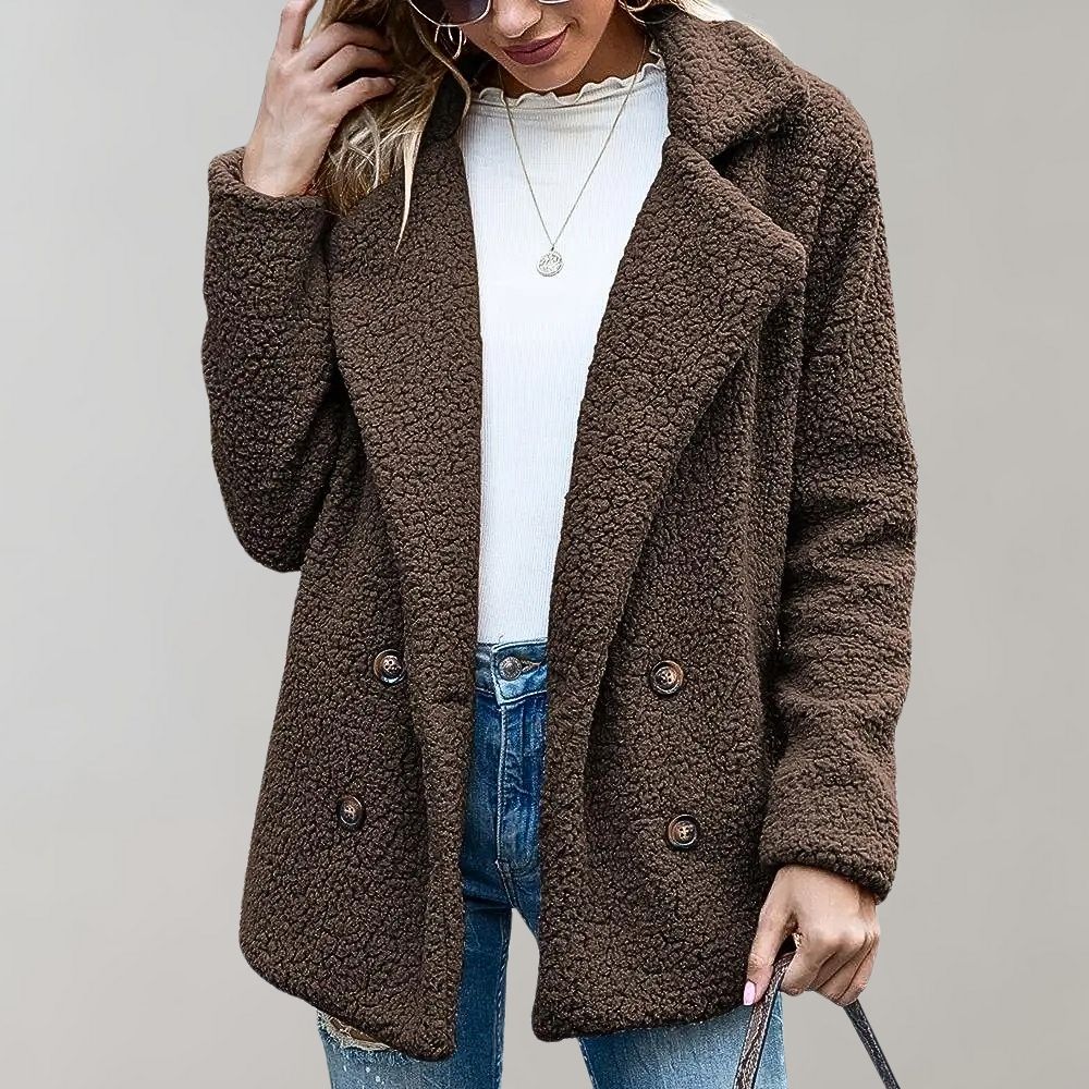 Women's Sherpa Jacket - Soft Fluffy Texture - Oversized Fit - Double-Breasted Lapel Coat