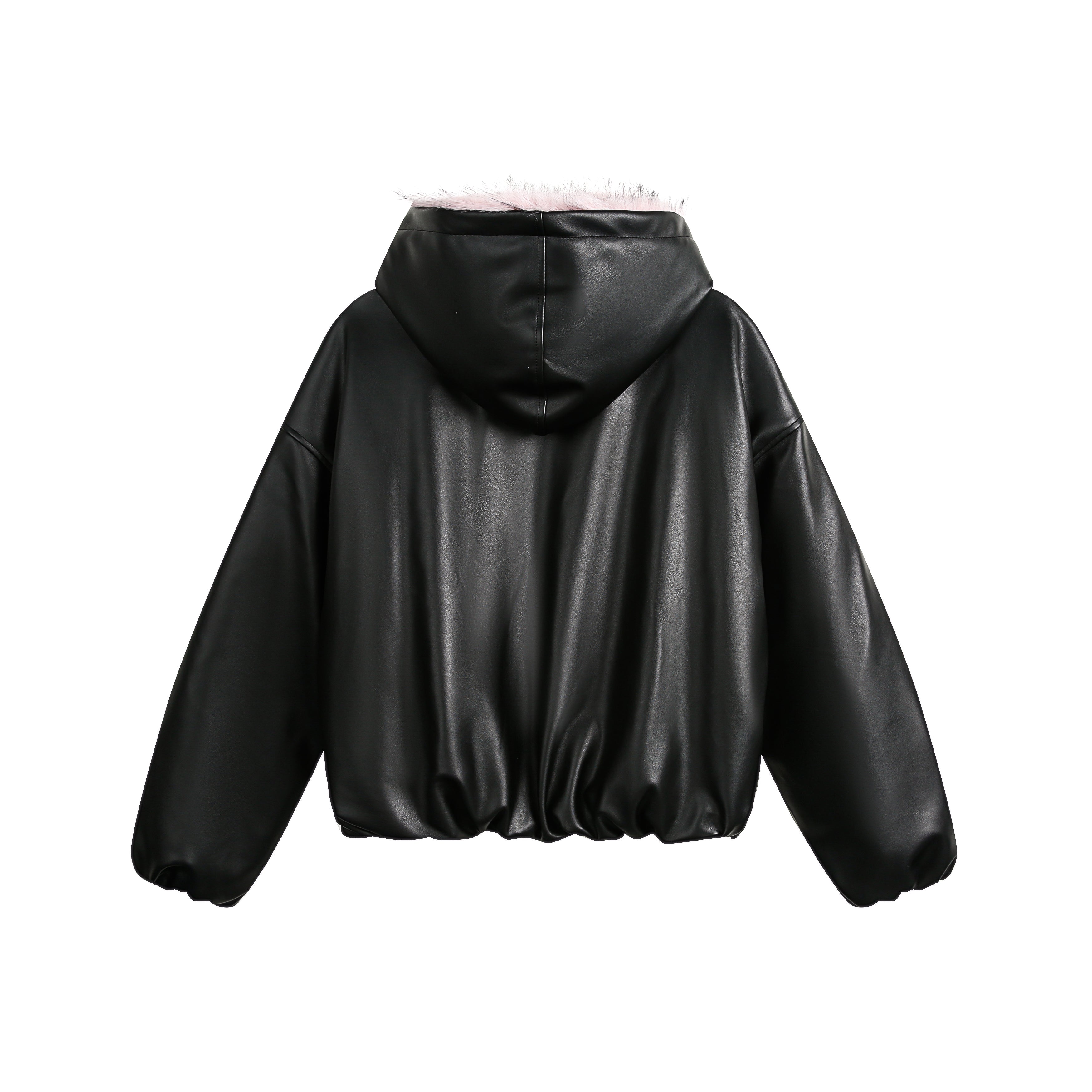 Faux pink fur hooded cotton jacket for women