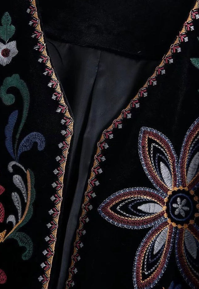 Velvet Crop Blazer for Women - Contrast Embroidery, Luxury, Long Sleeve Outerwear