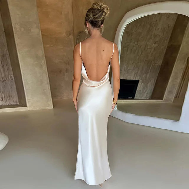 Ladies backless bodycon satin maxi dress with lacing
