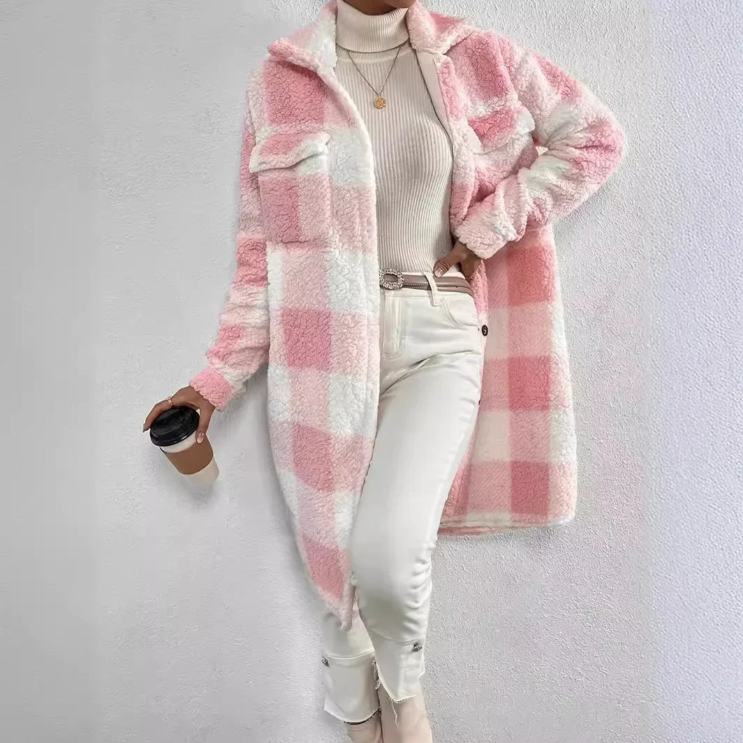 Women's Long Plaid Coat - Oversized Fit - Textured Sherpa Fabric - Notched Collar