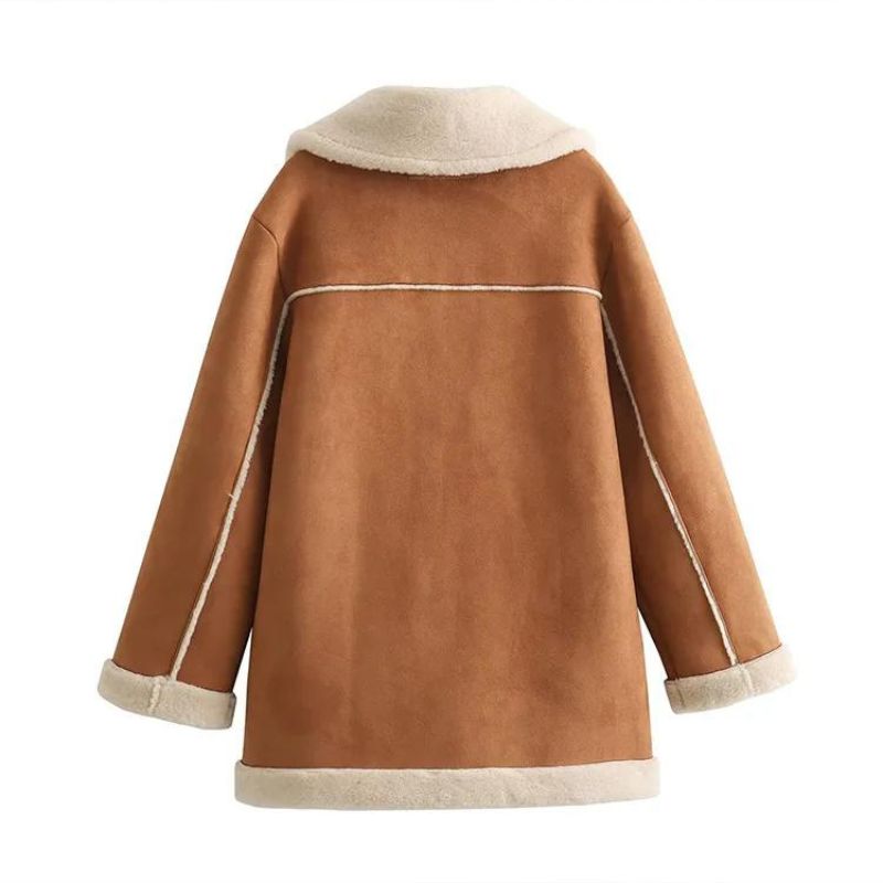 Women's Shearling Coat - Suede Finish - Notched Lapel - Button Front - Patch Pockets