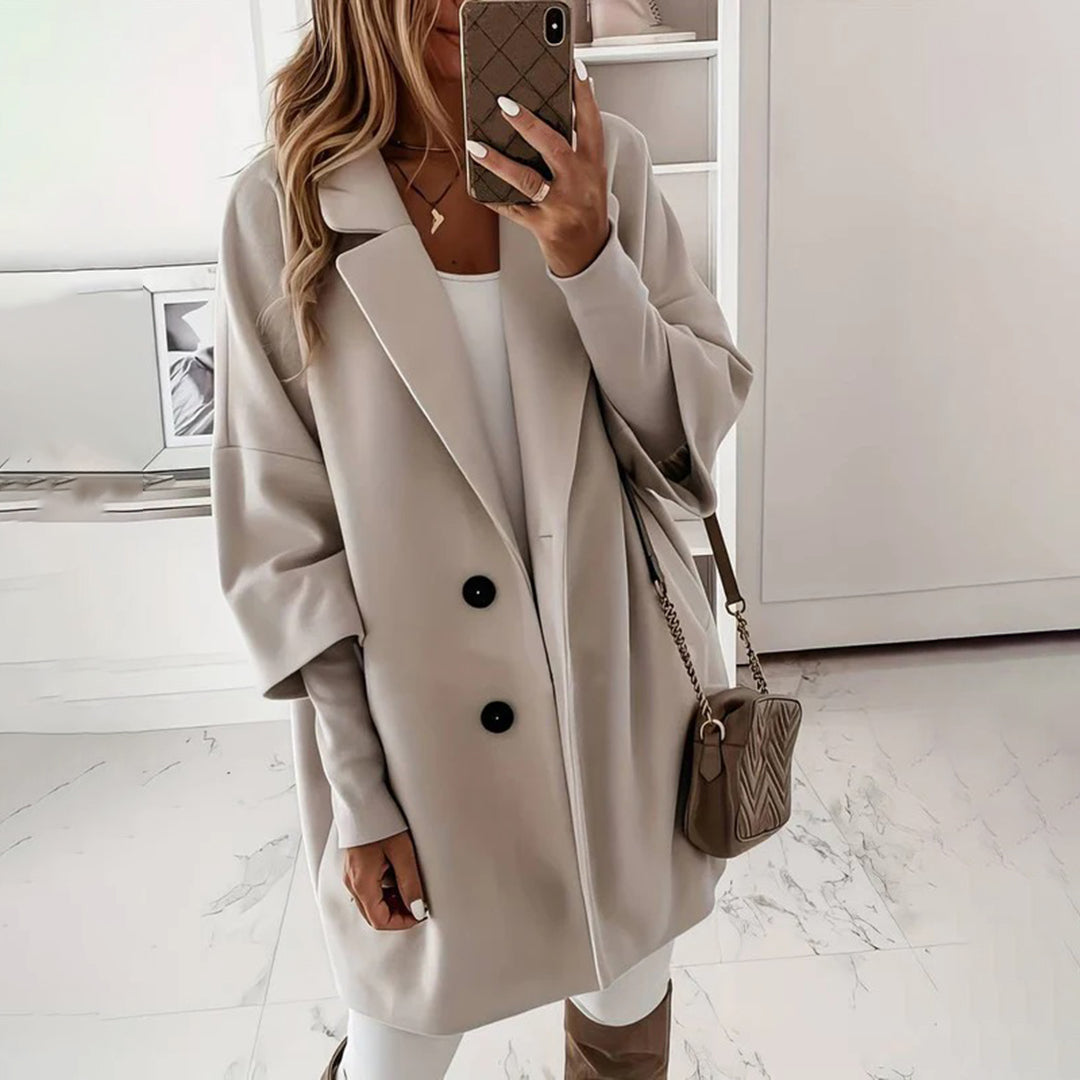 Women's Tailored Coat - Wool Blend - Notched Lapel - Double-Button Closure - Mid-Thigh Length