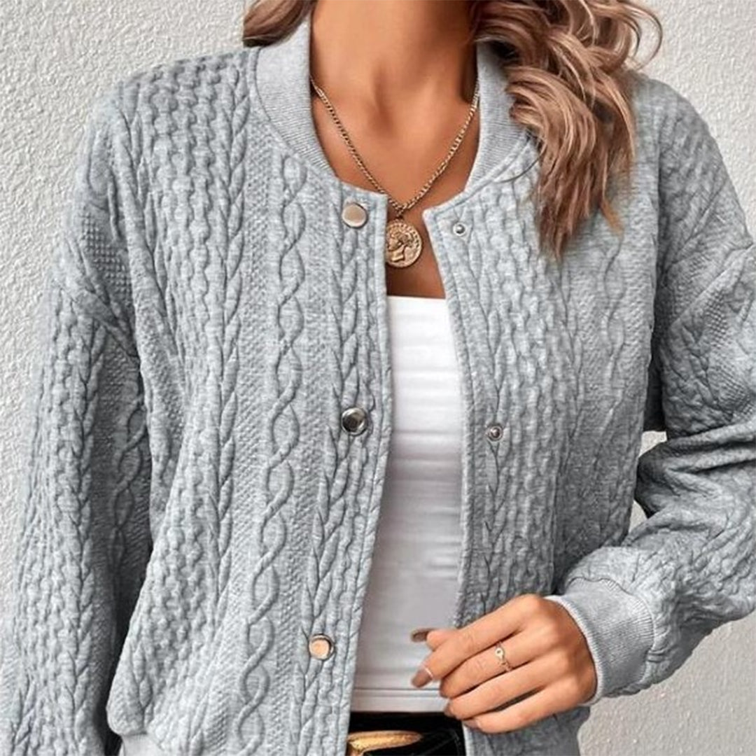 Women's Bomber Jacket - Cable-Knit Textured - Ribbed Hem & Cuffs - Snap Button Closure
