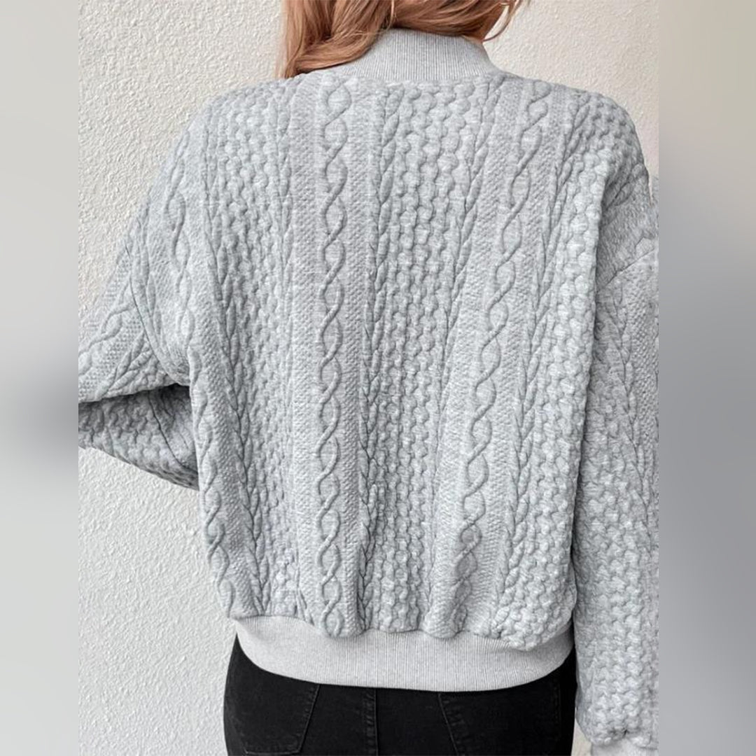 Women's Bomber Jacket - Cable-Knit Textured - Ribbed Hem & Cuffs - Snap Button Closure