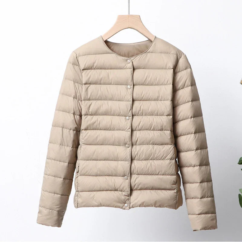 Women's Puffer Jacket - Lightweight Quilted - Button Front - Round Neck Casual Wear