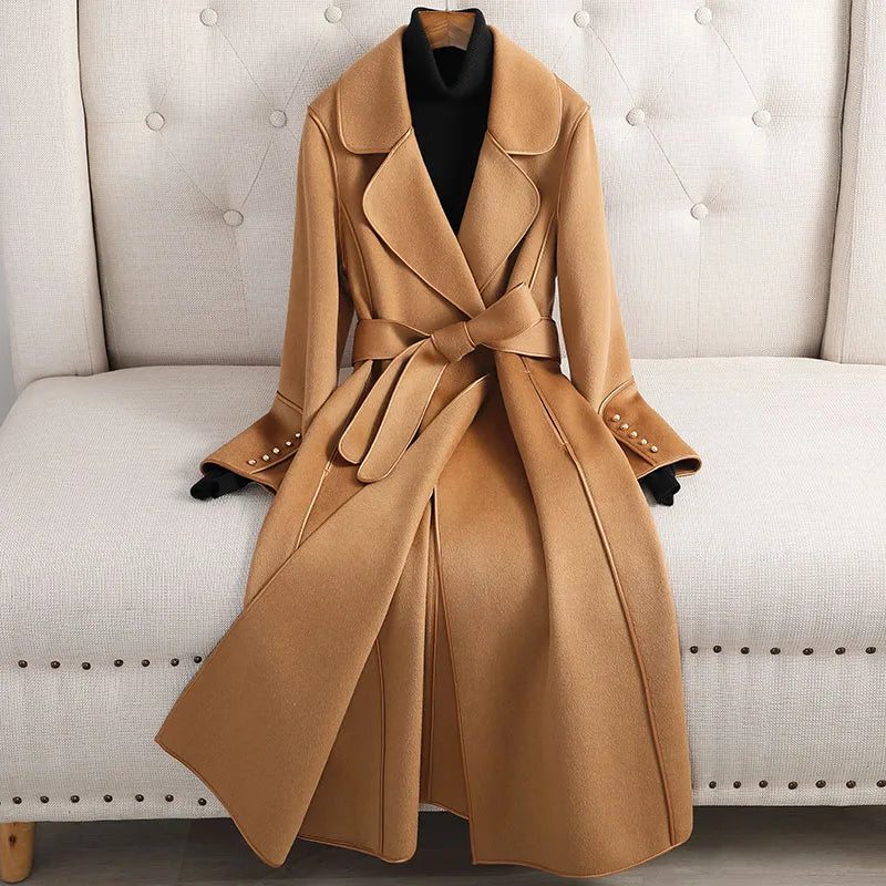 Women's Wool Trench Coat - Fitted Silhouette - Belted Waist - Notched Lapel Collar