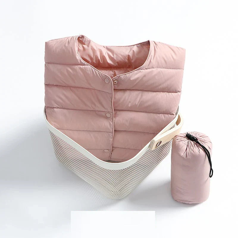 Women's Puffer Jacket - Lightweight Quilted - Button Front - Round Neck Casual Wear
