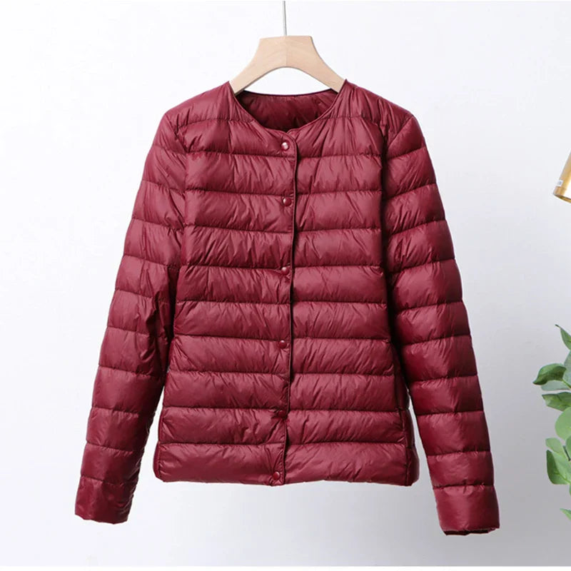 Women's Puffer Jacket - Lightweight Quilted - Button Front - Round Neck Casual Wear