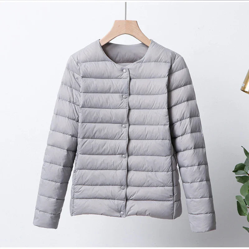 Women's Puffer Jacket - Lightweight Quilted - Button Front - Round Neck Casual Wear