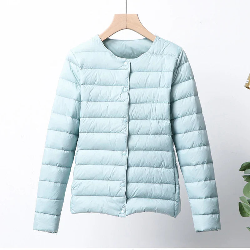 Women's Puffer Jacket - Lightweight Quilted - Button Front - Round Neck Casual Wear