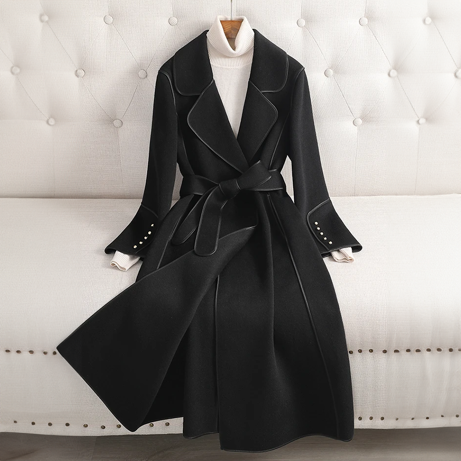 Women's Wool Trench Coat - Fitted Silhouette - Belted Waist - Notched Lapel Collar