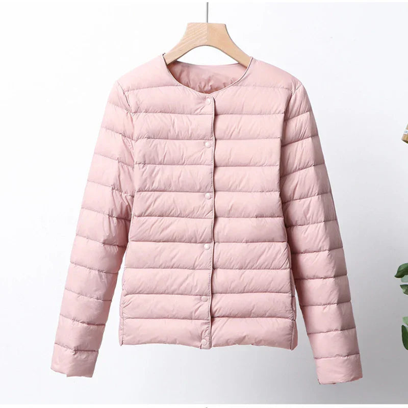 Women's Puffer Jacket - Lightweight Quilted - Button Front - Round Neck Casual Wear