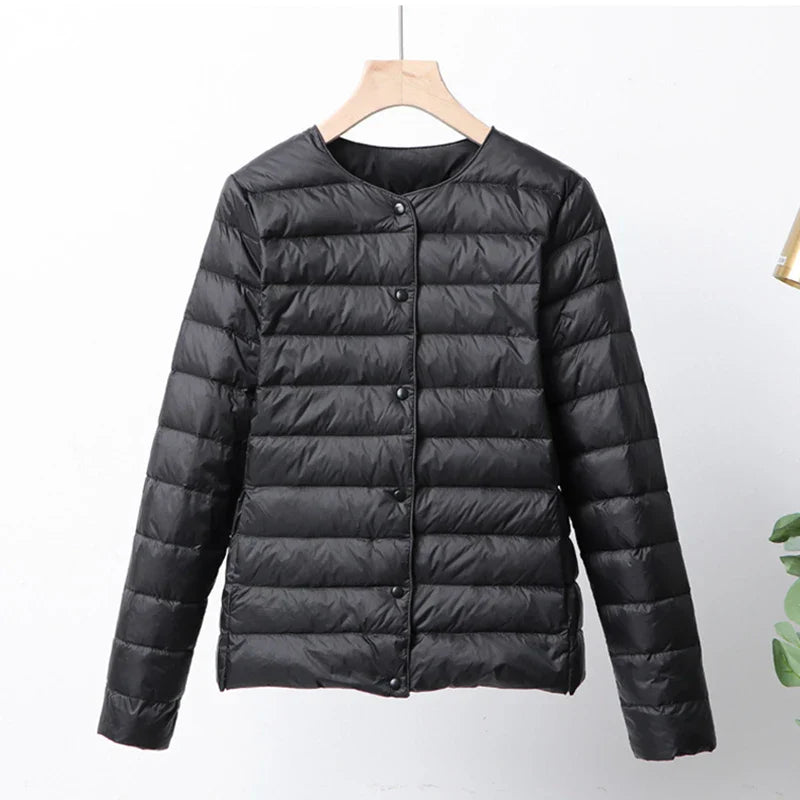 Women's Puffer Jacket - Lightweight Quilted - Button Front - Round Neck Casual Wear