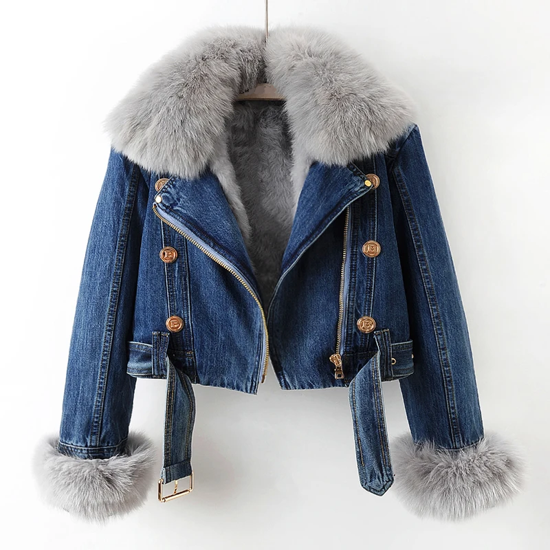 Women's Denim Jacket - Biker Style - Faux Fur Collar & Cuffs - Asymmetrical Zip