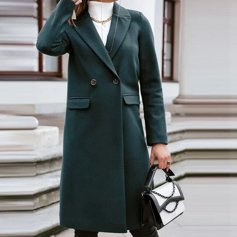 Women's Long Wool-Blend Coat - Double Breasted - Notched Lapel - Full Length Elegant Fit