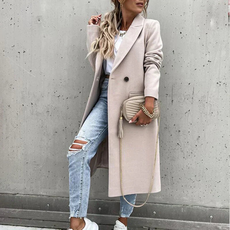Women's Long Wool-Blend Coat - Double Breasted - Notched Lapel - Full Length Elegant Fit